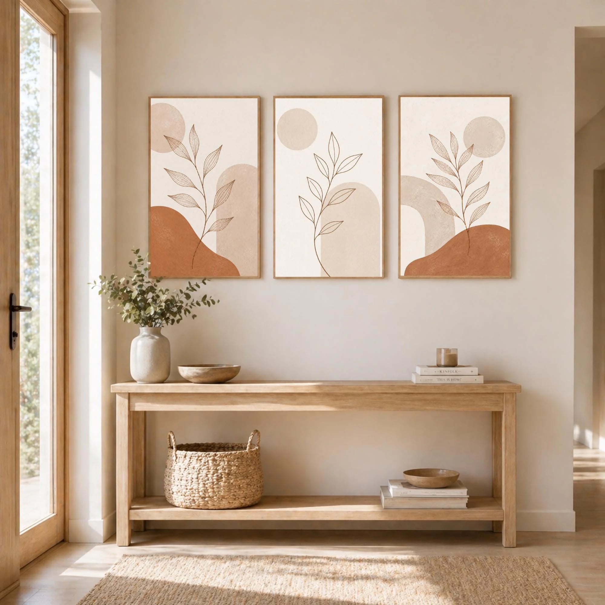Tríptico botánico en tonos terracota y beige con inspiración Japandi